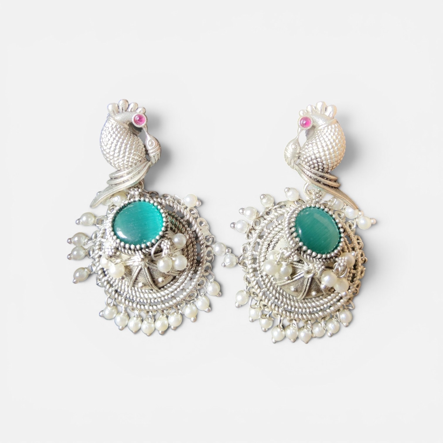 Mor Pankh Jaipuri Oxidised Silver Peacock Jhumka