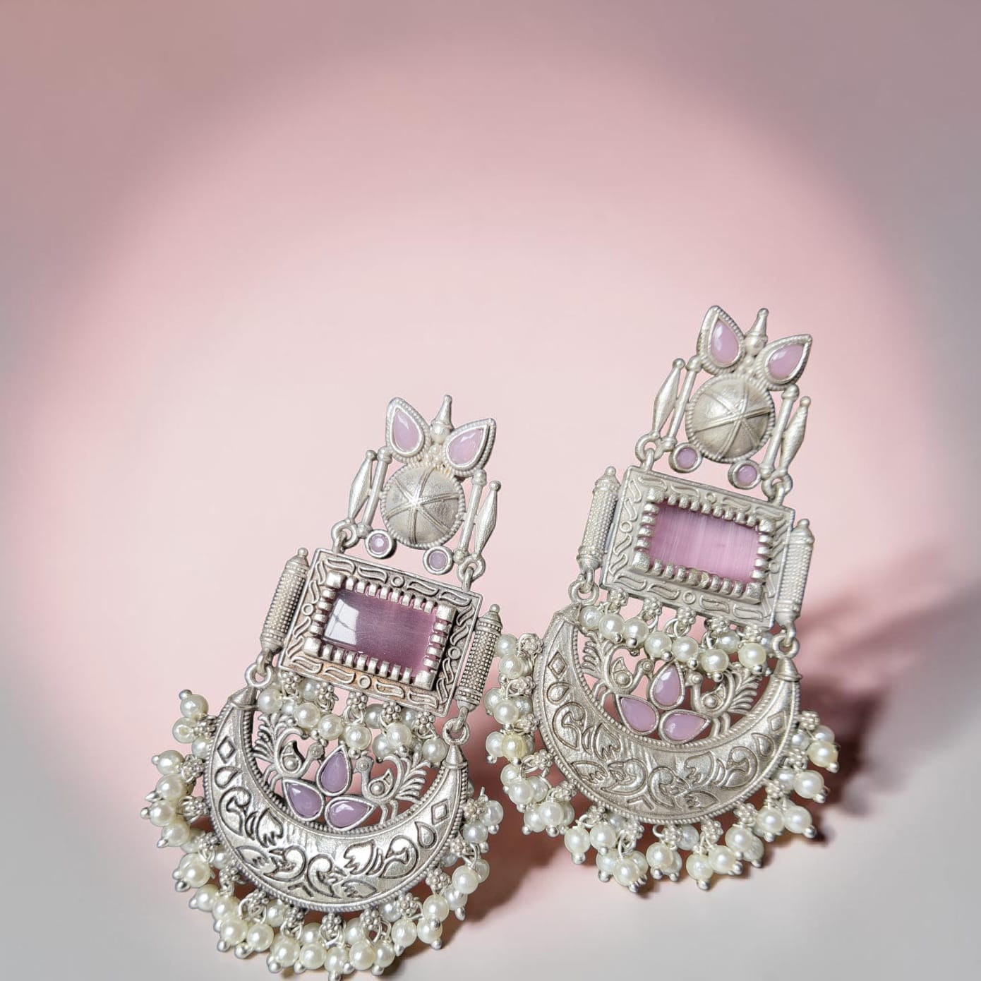 Gulabi Noor Jaipuri Silver Look Pink Stone Chandbali Jhumka — image 2
