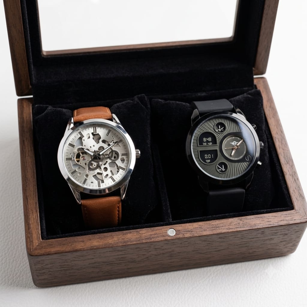 Men's Combo Pack - Brown Leather Skeleton & Black Dual Time Watch combo