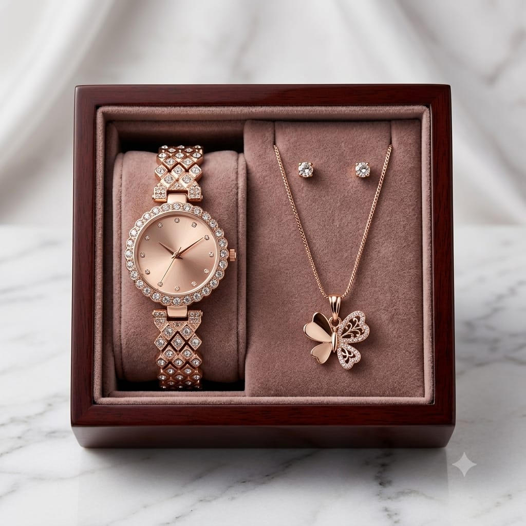 Women's NEWTOUCH 3-in-1 Rose Gold Star Gift Set - Designer Watch, Star Circle Pendant & Stud Earrings with Box