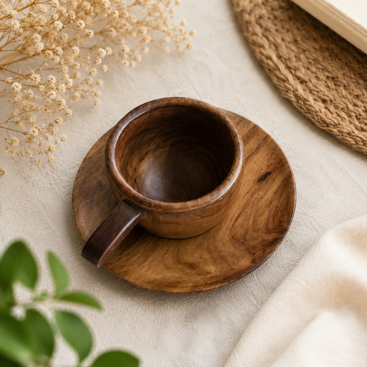 Handmade Wooden Cup and Saucer Set | Eco-Friendly Neem Wood Tea Mug