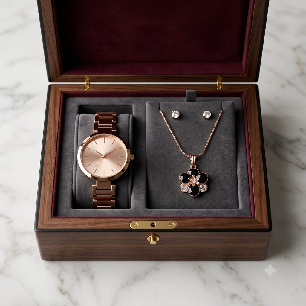 NEWTOUCH Premium 3-in-1 Rose Gold Gift Set for Women | Black Flower Pendant Watch Combo with Stud Earrings | Birthday Anniversary Gift Box